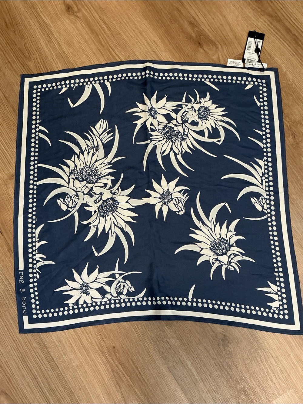 NWT rag & bone Floral Print Silk blend Scarf Women's One Size Pineapple Indigo